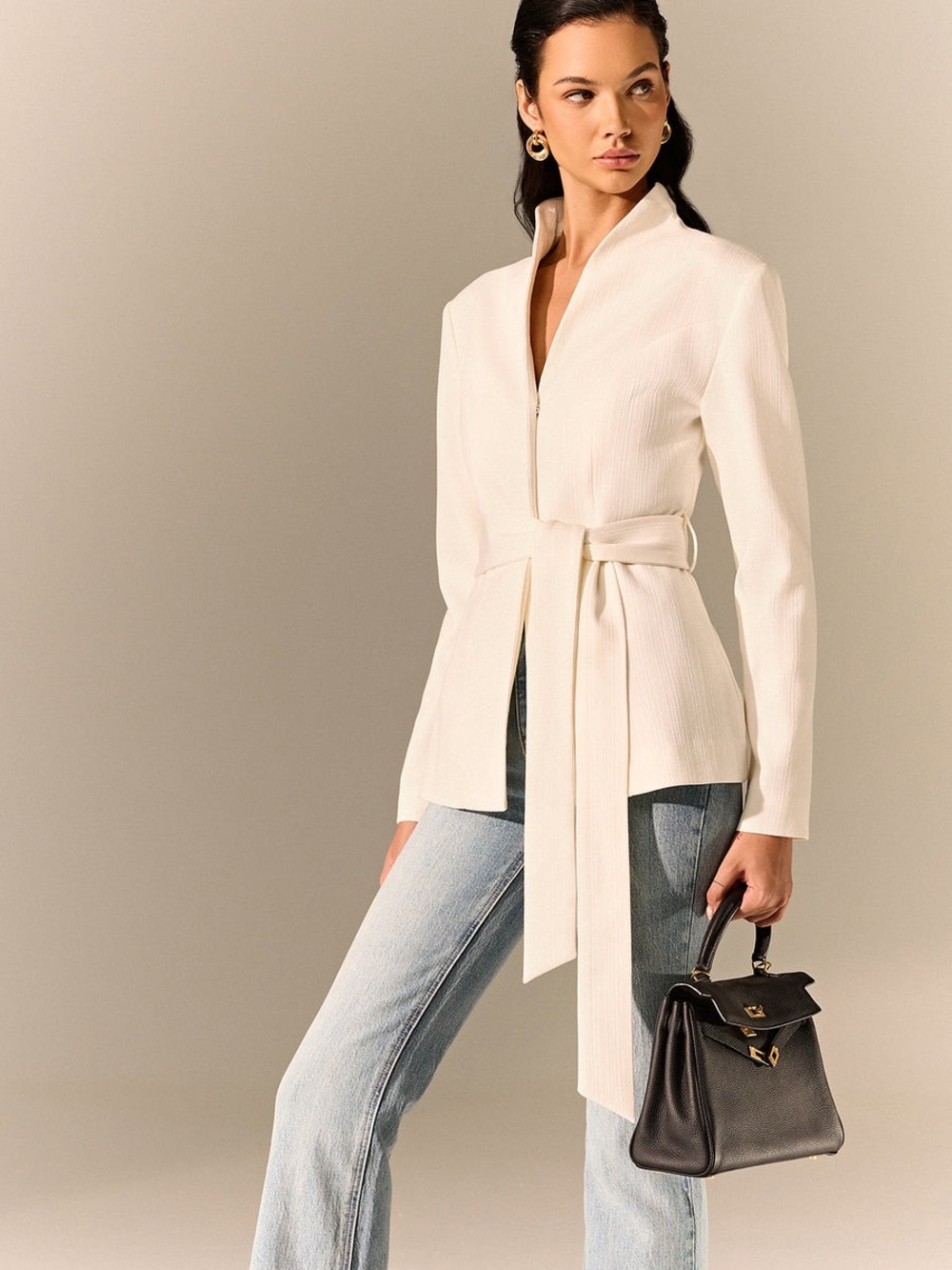 Commense Stand Collar Belted Long Sleeve Blazer - Picture 2 of 4